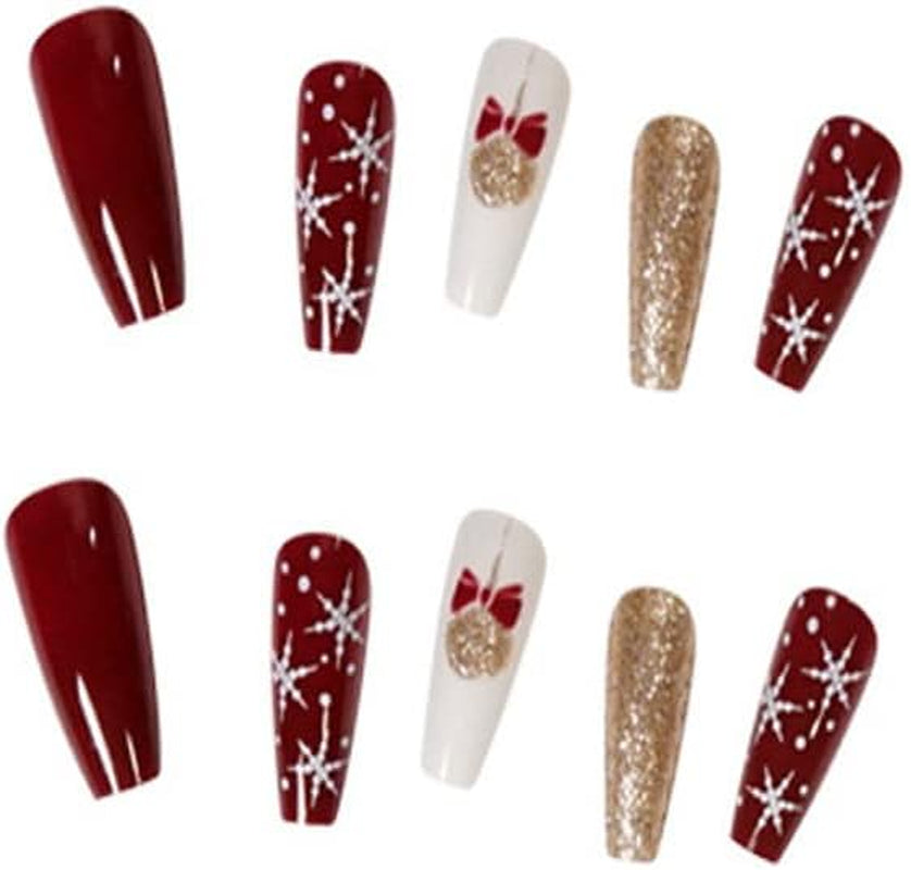 24 Pcs Christmas Press on Nails Medium Length with Snowflakes and Bling Decorate Designs Ballet Fake False Nails Art for Women and Girls Stick on Nails