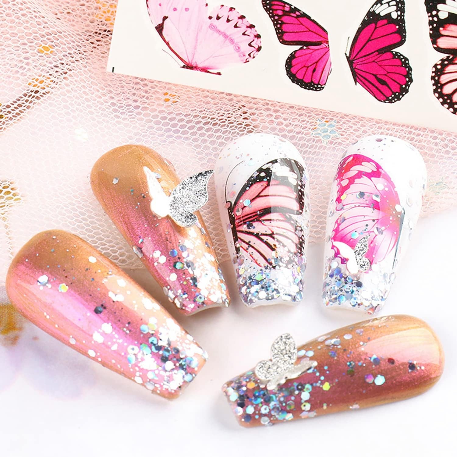 Big Butterfly Nail Art Stickers Decals, 3D Large Butterflies Nail Self-Adhesive Sticker Designs, Black Pink Blue Colorful Butterflies Nail Transfer Decal Supplies for Women Girls Manicure Decorations