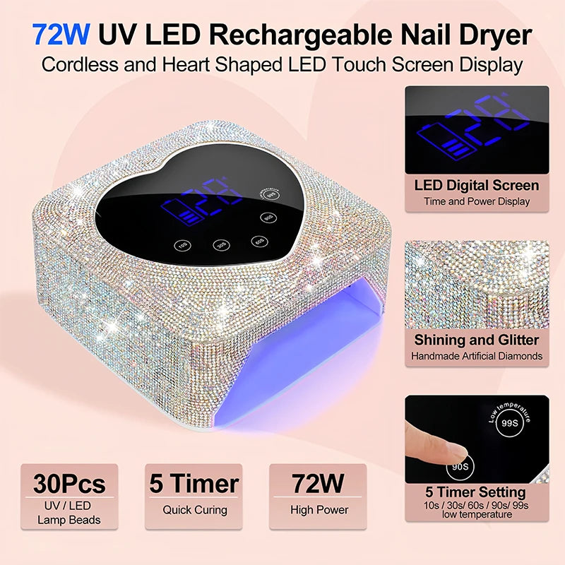Rechargeable UV LED Nail Lamp 72W Cordless UV Light for Nails with Rhinestone Heart Shaped Manicure Pedicure Machine Nail Tools