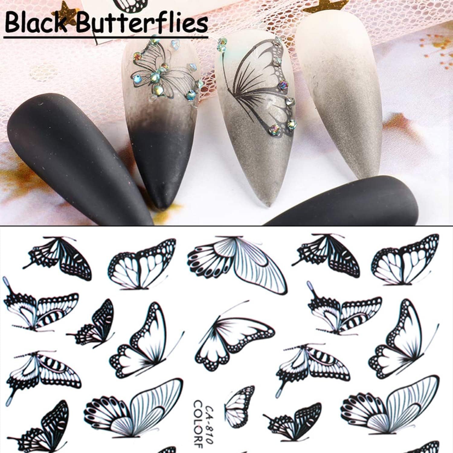 Big Butterfly Nail Art Stickers Decals, 3D Large Butterflies Nail Self-Adhesive Sticker Designs, Black Pink Blue Colorful Butterflies Nail Transfer Decal Supplies for Women Girls Manicure Decorations