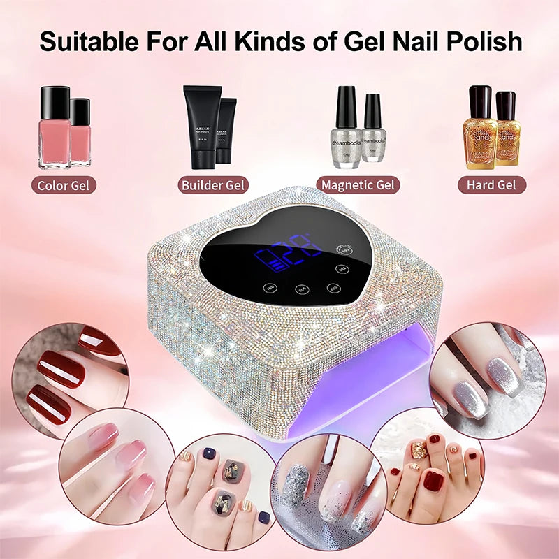 Rechargeable UV LED Nail Lamp 72W Cordless UV Light for Nails with Rhinestone Heart Shaped Manicure Pedicure Machine Nail Tools
