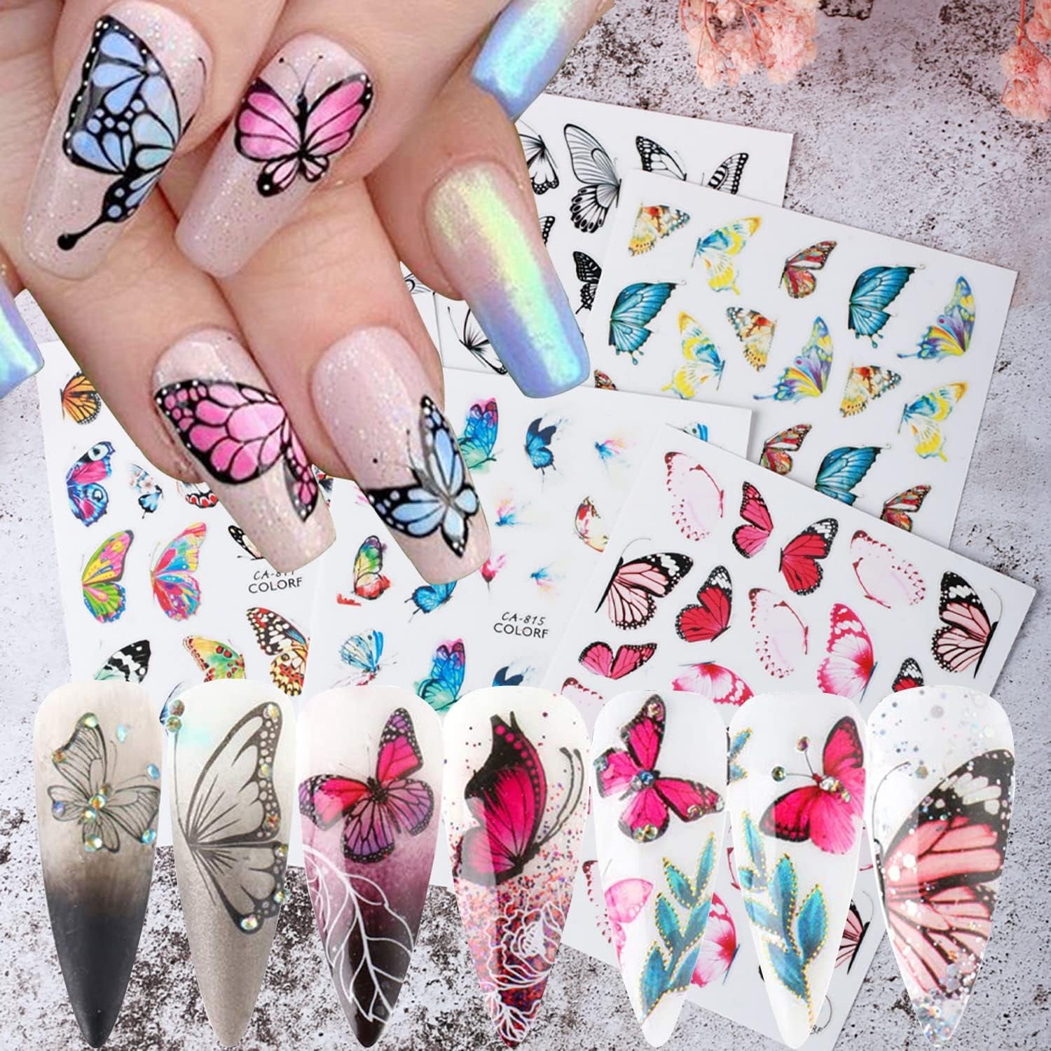 Big Butterfly Nail Art Stickers Decals, 3D Large Butterflies Nail Self-Adhesive Sticker Designs, Black Pink Blue Colorful Butterflies Nail Transfer Decal Supplies for Women Girls Manicure Decorations