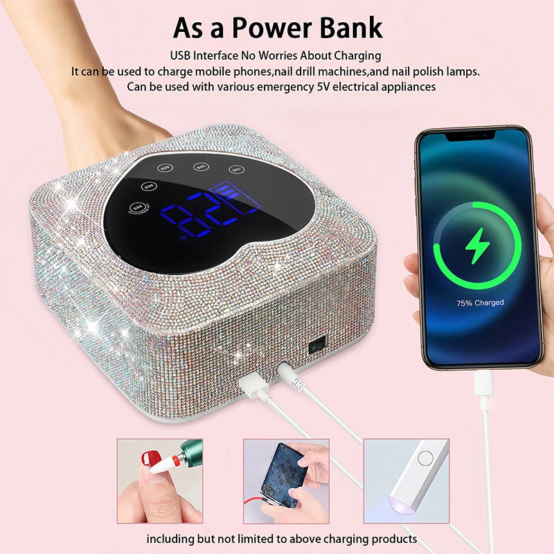Rechargeable UV LED Nail Lamp 72W Cordless UV Light for Nails with Rhinestone Heart Shaped Manicure Pedicure Machine Nail Tools