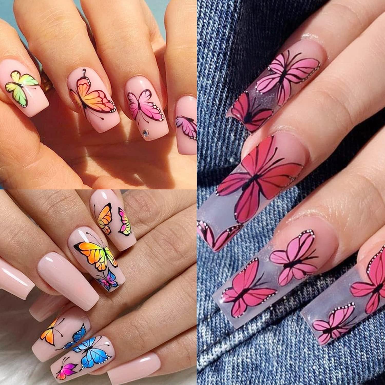 Big Butterfly Nail Art Stickers Decals, 3D Large Butterflies Nail Self-Adhesive Sticker Designs, Black Pink Blue Colorful Butterflies Nail Transfer Decal Supplies for Women Girls Manicure Decorations