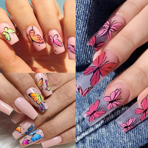 Big Butterfly Nail Art Stickers Decals, 3D Large Butterflies Nail Self-Adhesive Sticker Designs, Black Pink Blue Colorful Butterflies Nail Transfer Decal Supplies for Women Girls Manicure Decorations